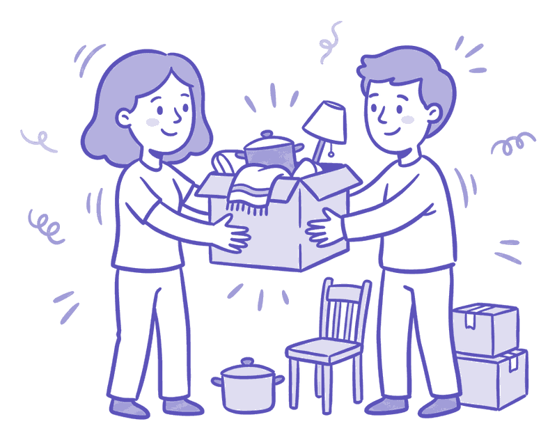 Dos vecinos de pie, de frente y a la misma altura, sostienen juntos una caja con una manta, una olla y una lámpara. A su alrededor hay una olla, una silla y dos cajas.